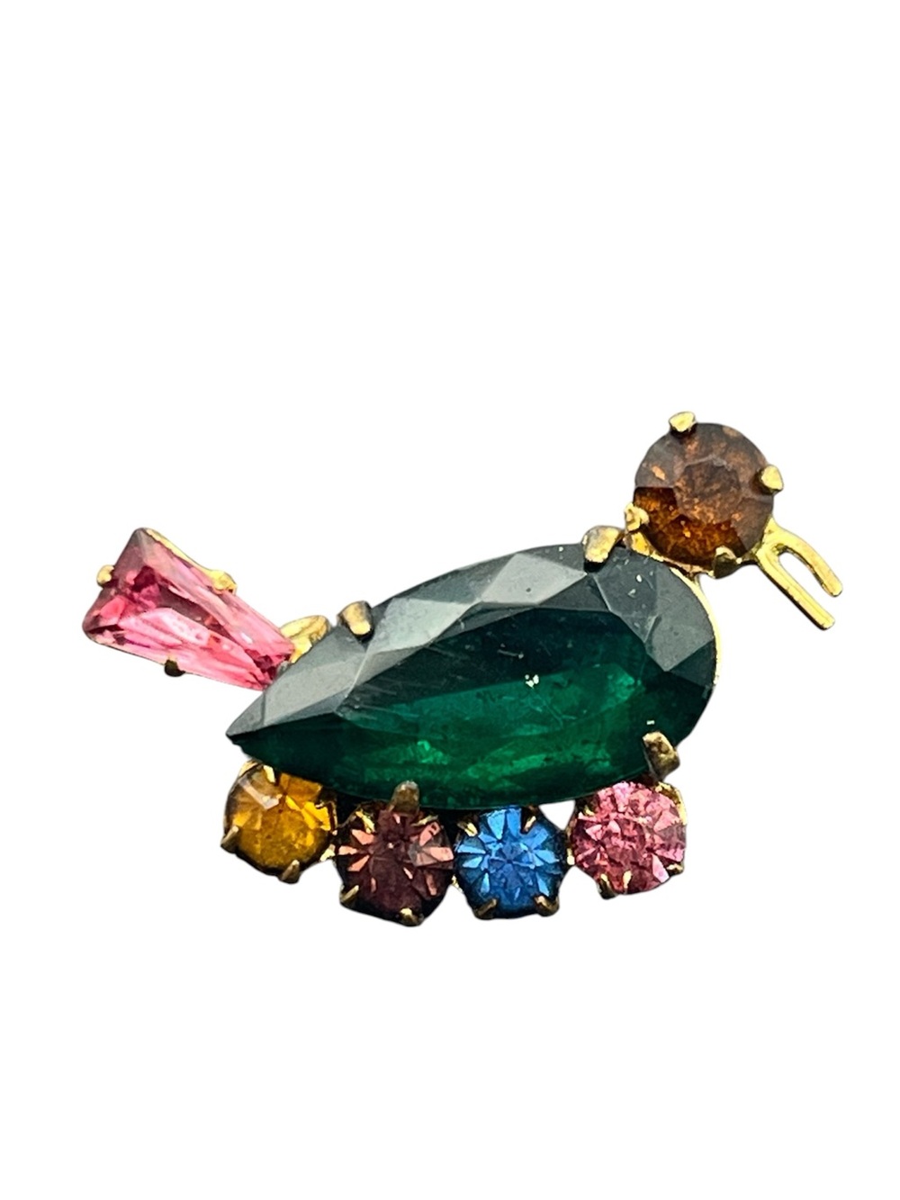 Czech bird multi colored rhinestone gold tone brooch pin duck vintage
